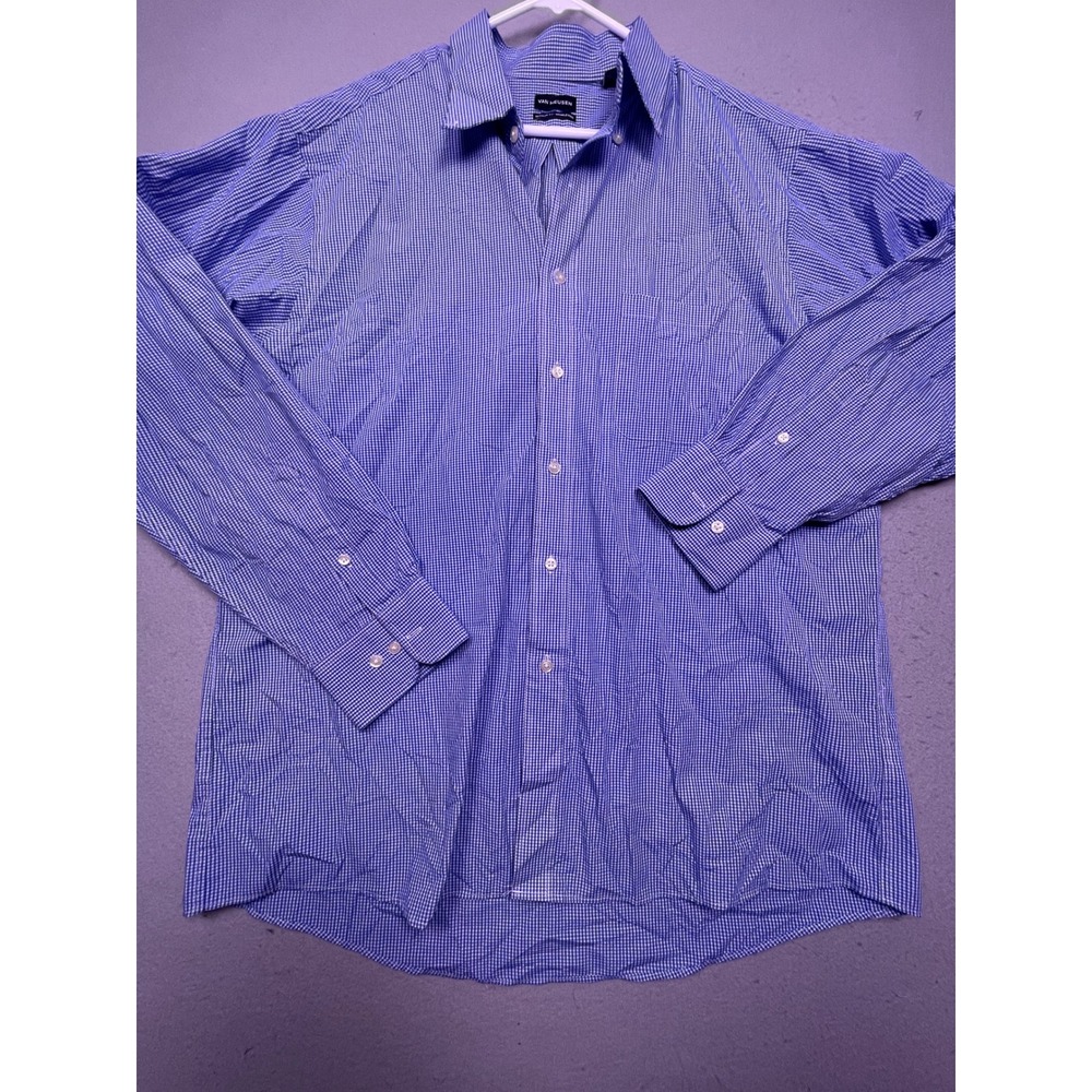 Van Heusen Button Down Poly Cotton Blue Gingham Size 16.5 34/35 Large Mens